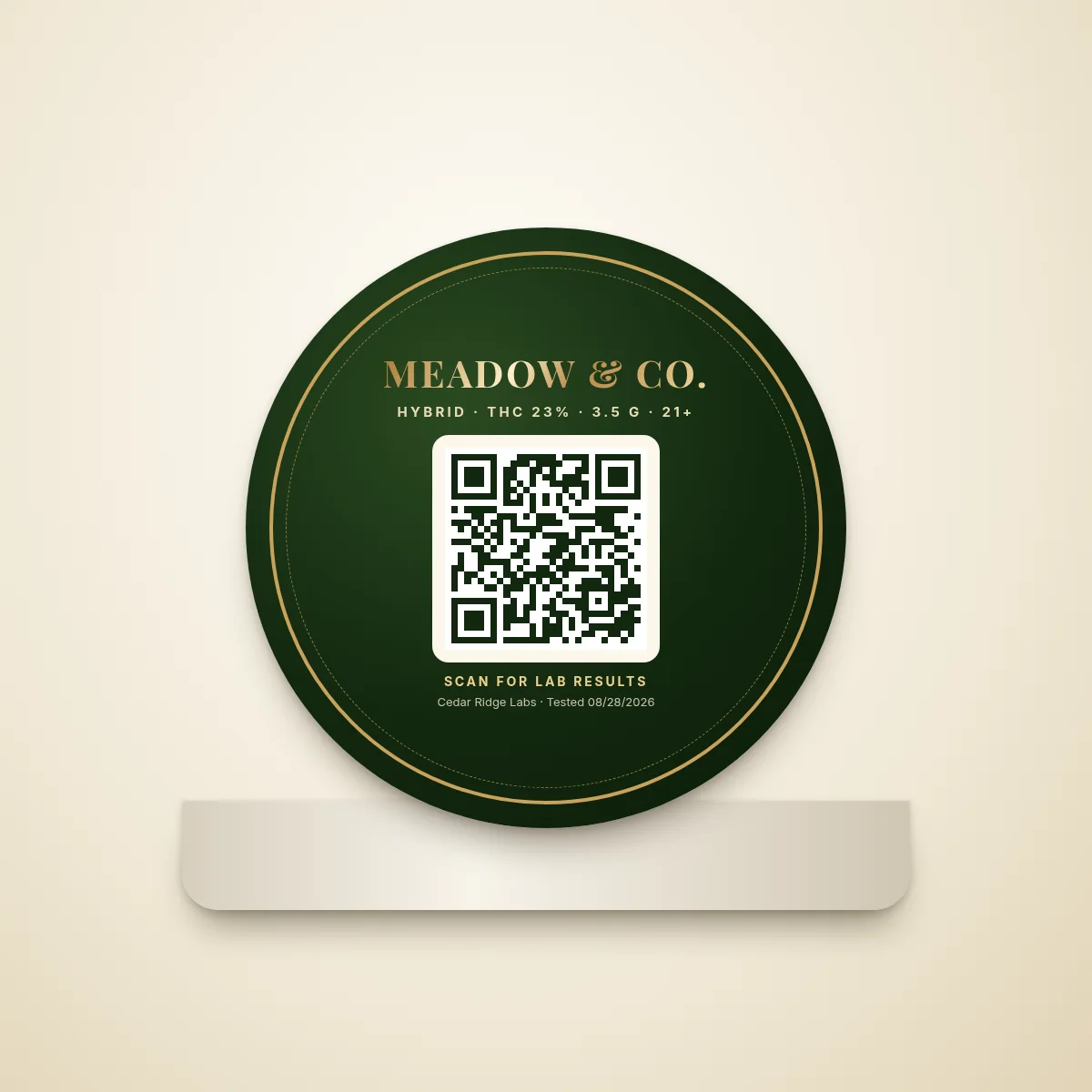 QR code on a jar lid — Round lid label with a centred COA QR and “Scan for lab results”.