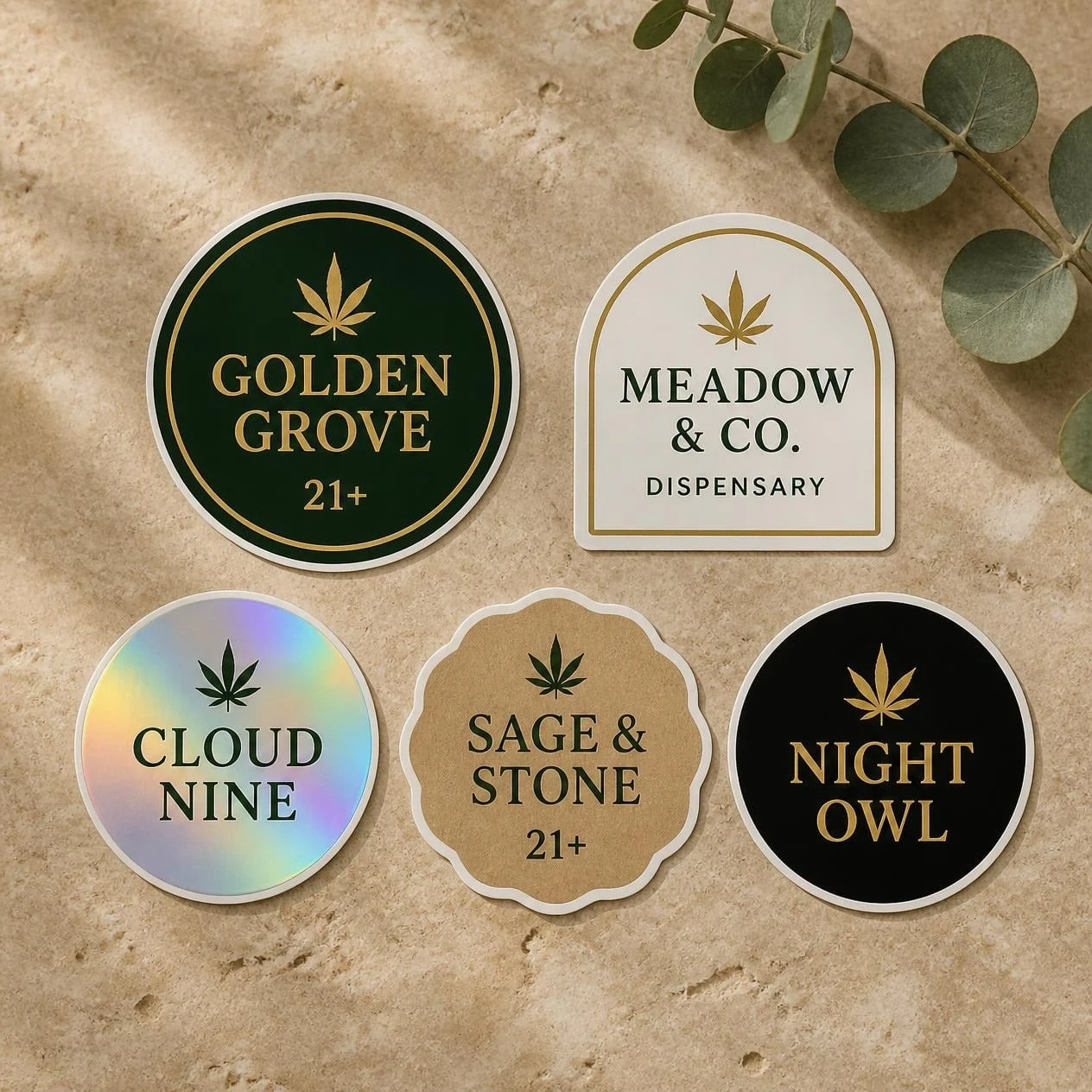 Dispensary & brand die-cut stickers — Die-cut brand stickers — holographic, black & gold, kraft, cream