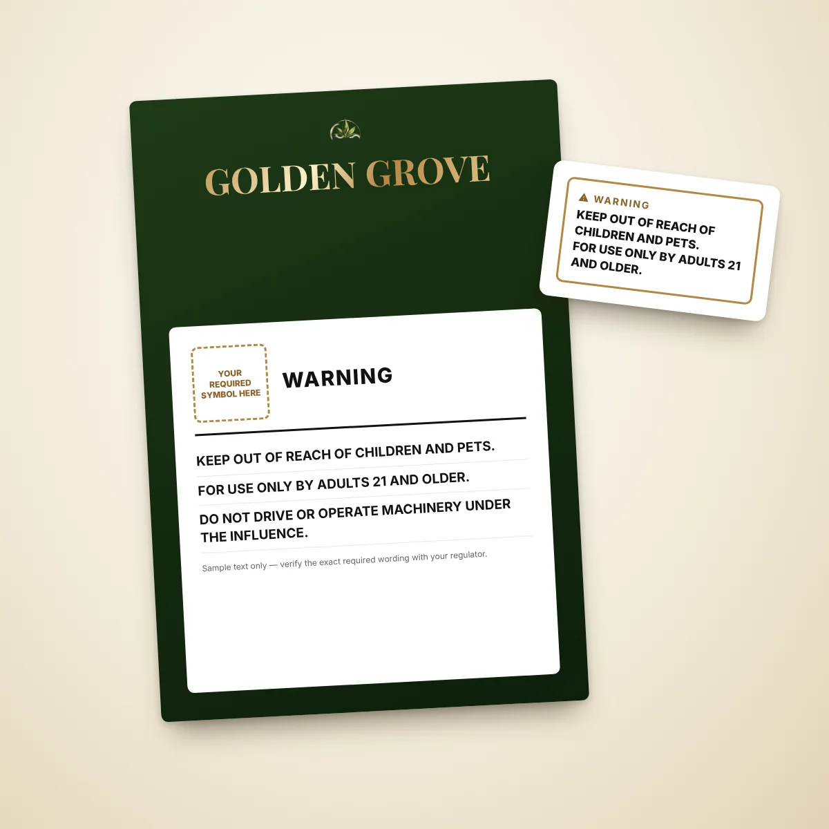 Warning panel on a box — Warning block with space for your jurisdiction’s required symbol (sample text only).